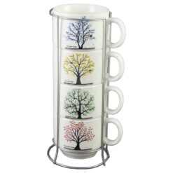 Set 4 cesti din ceramica cu suport metalic, 150 ml, Trees