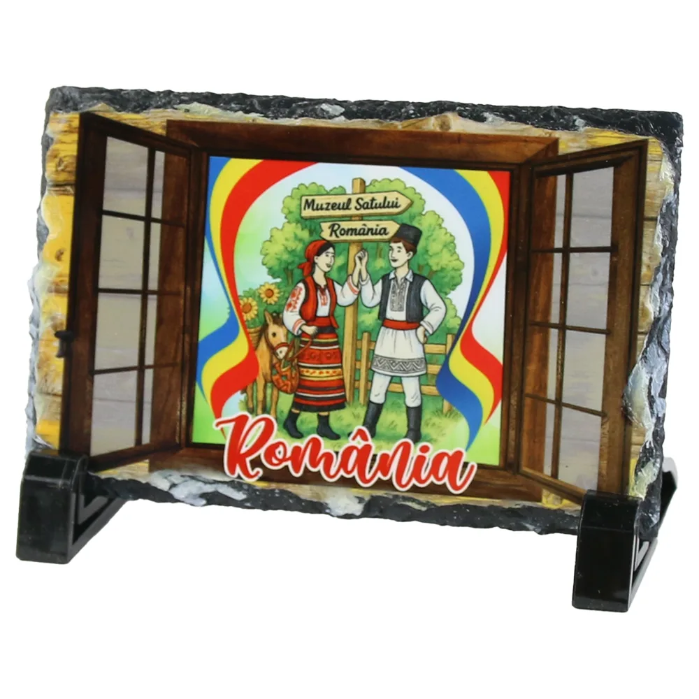 Placa ardezie "Muzeul Satului Romania", 14x9 CM, fereastra