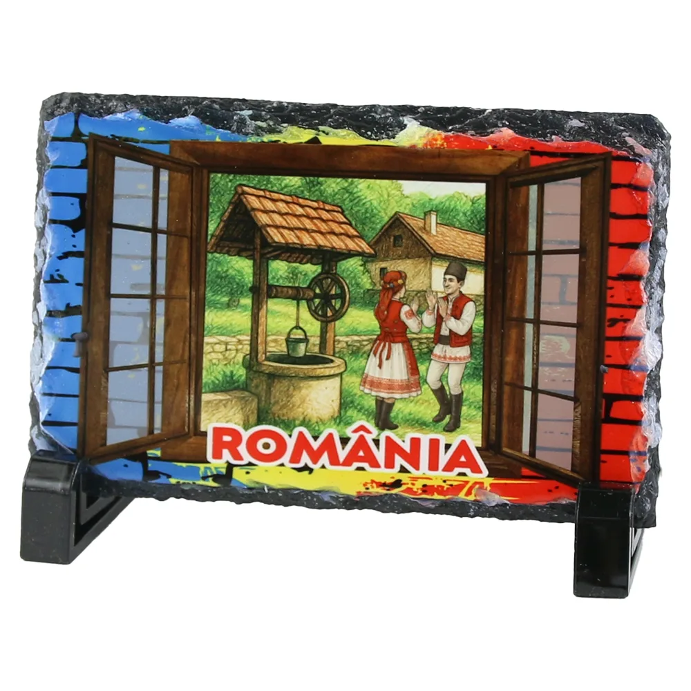 Placa ardezie "Romania", 14x9 CM, Fereastra tricolor