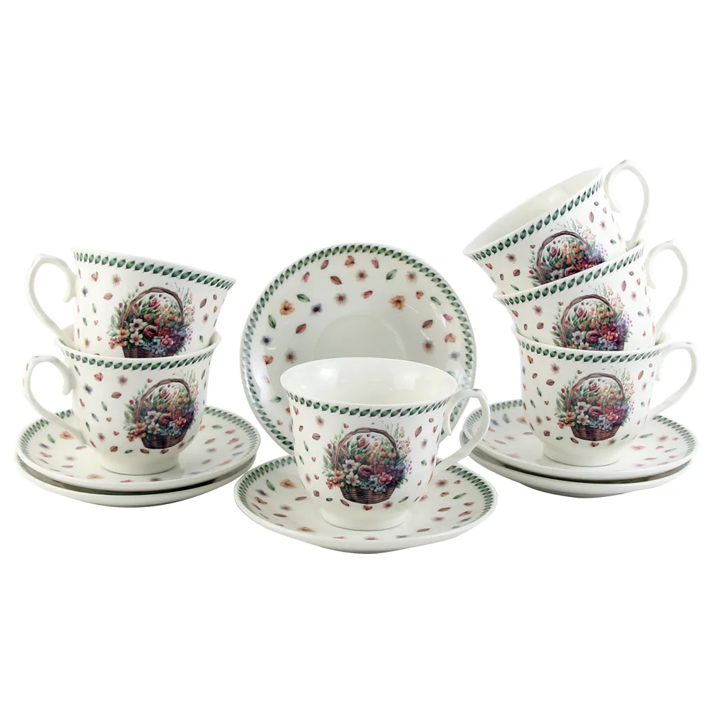 Set 6 cesti cu farfurii din portelan 250 ml "Basket of Flowers-Field flowers", in cutie decorativa