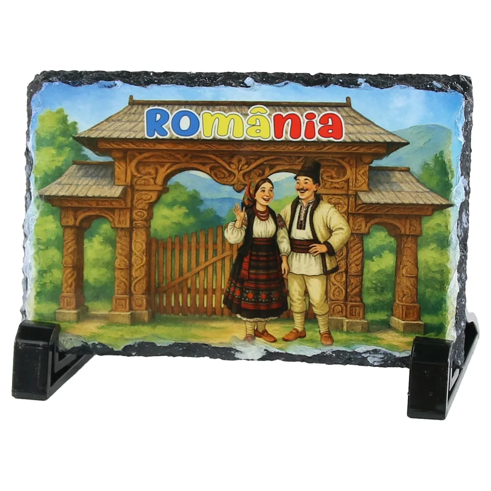 Placa ardezie "Romania", 14x9 CM, Poarta traditionala
