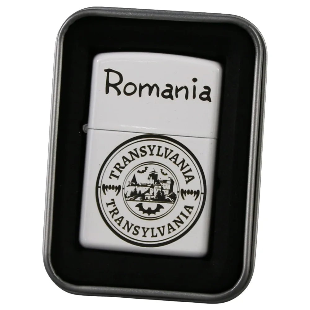 Bricheta metalica gravata "Romania/Transylvania" 3.5 x 5.5 cm, alb