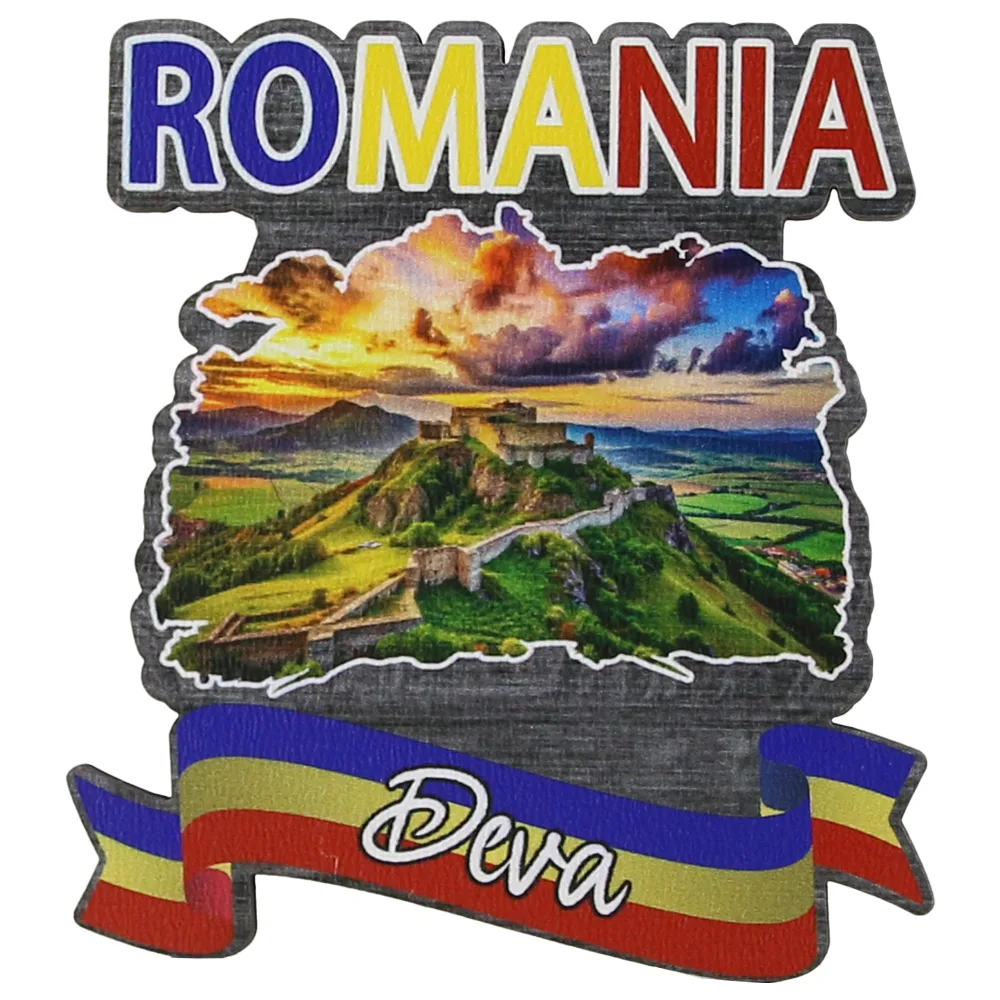 Magnet frigider din lemn "Romania" 8x8 CM, Deva, tricolor