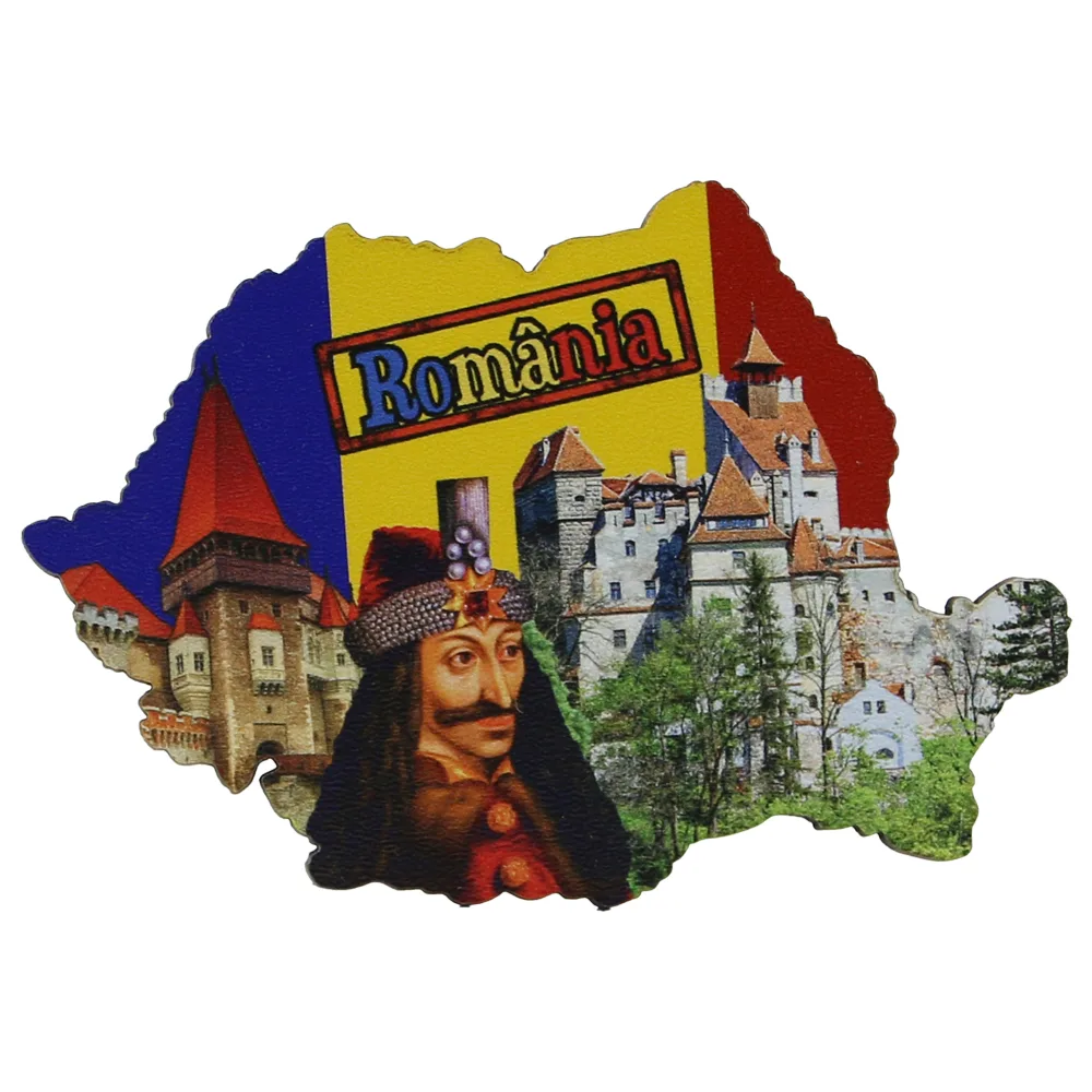 Magnet frigider din lemn "Romania" 9x6 CM, Harta Romaniei, Castele & Vlad Tepes