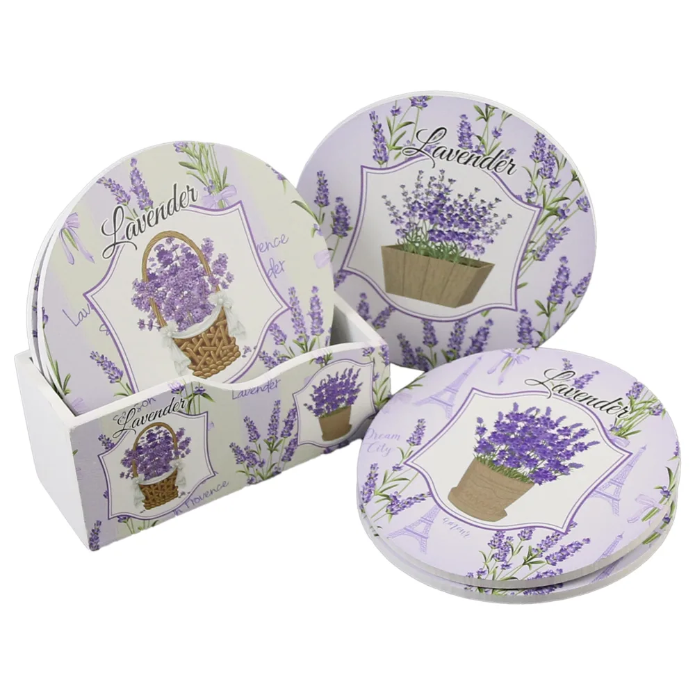 Set 6 suporturi pentru pahare din lemn, 10.5 CM, cu suport, Lavender