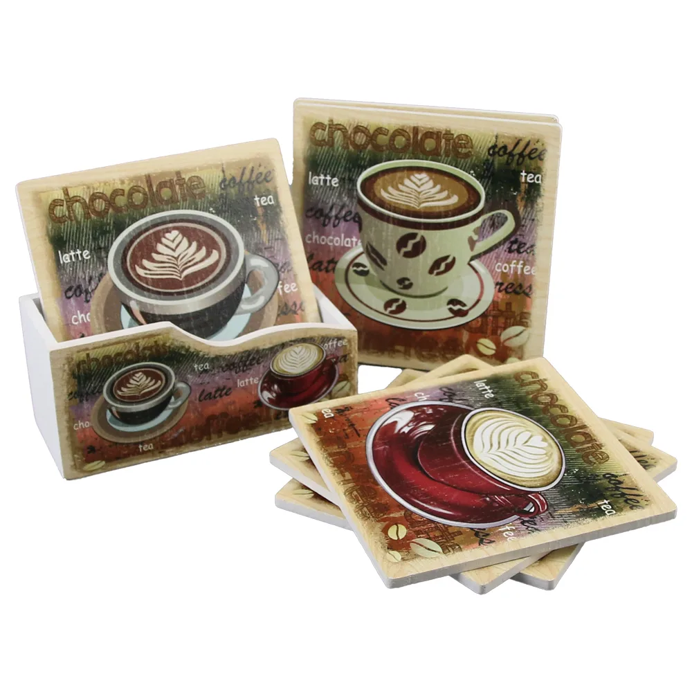Set 6 suporturi pentru pahare din lemn, 10 CM, cu suport, Chocolate Coffee