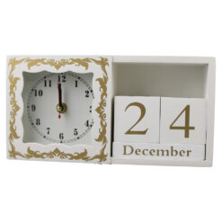 Calendar Perpetuu din lemn cu ceas 25x13 CM, Alb/auriu