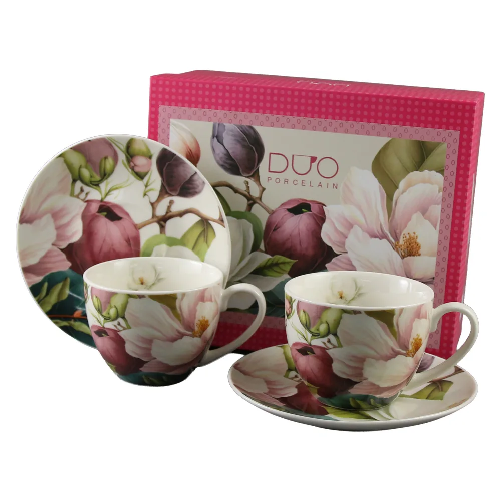 Set 2 cesti cu farfurii din portelan 270 ml "Magnolie" in cutie decorativa