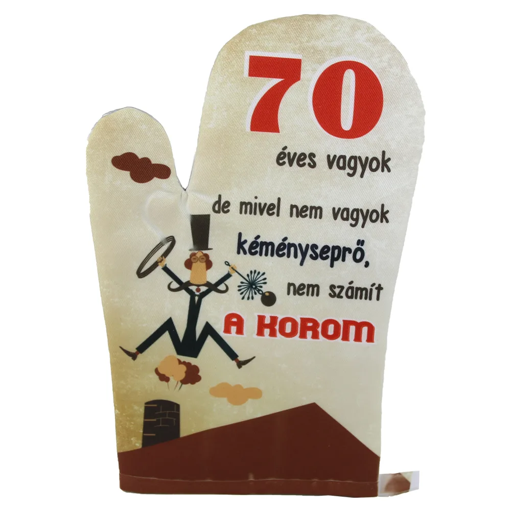 Manusa de bucatarie "70 eves vagyok...", din textil, 27 CM