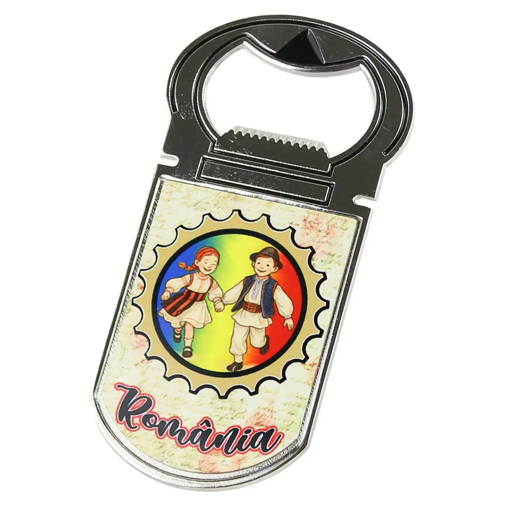 Desfacator sticle cu magnet "Romania", Copii in port popular, 4x9 CM