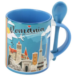 Cana ceramica cu lingurita, "Romania", 330 ml, monumente, albastru