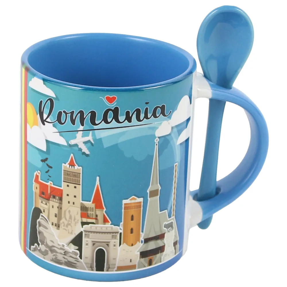Cana ceramica cu lingurita, "Romania", 330 ml, monumente, albastru