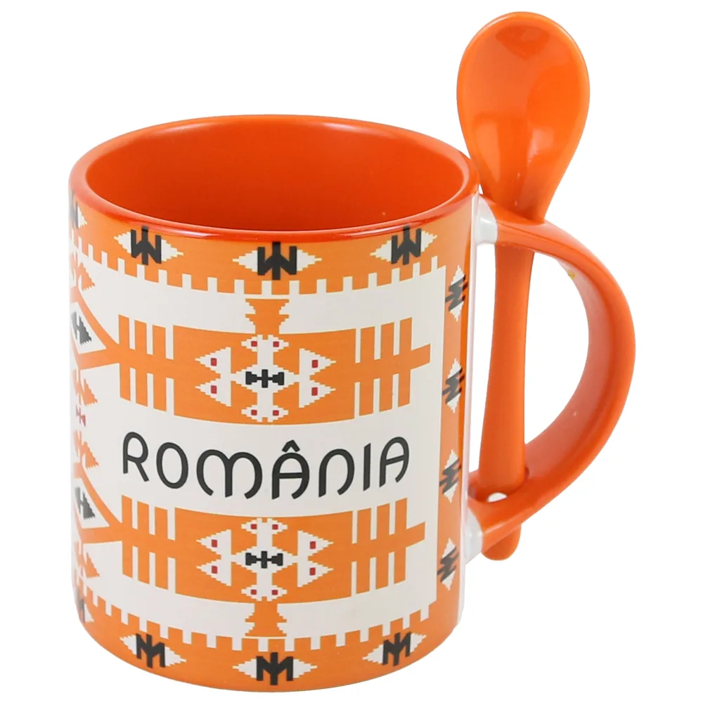 Cana ceramica cu lingurita, "Romania", 330 ml, motive traditionale, portocaliu