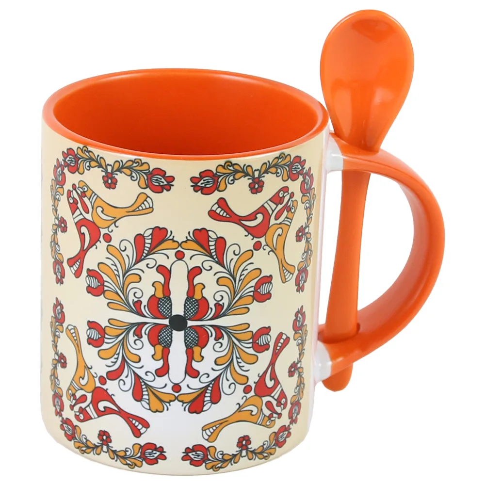 Cana ceramica cu lingurita, 330 ml, Portocaliu, motive traditionale Corund