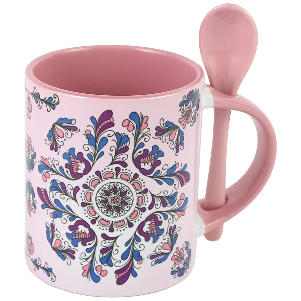 Cana ceramica cu lingurita, 330 ml, Roz, motive traditionale Corund