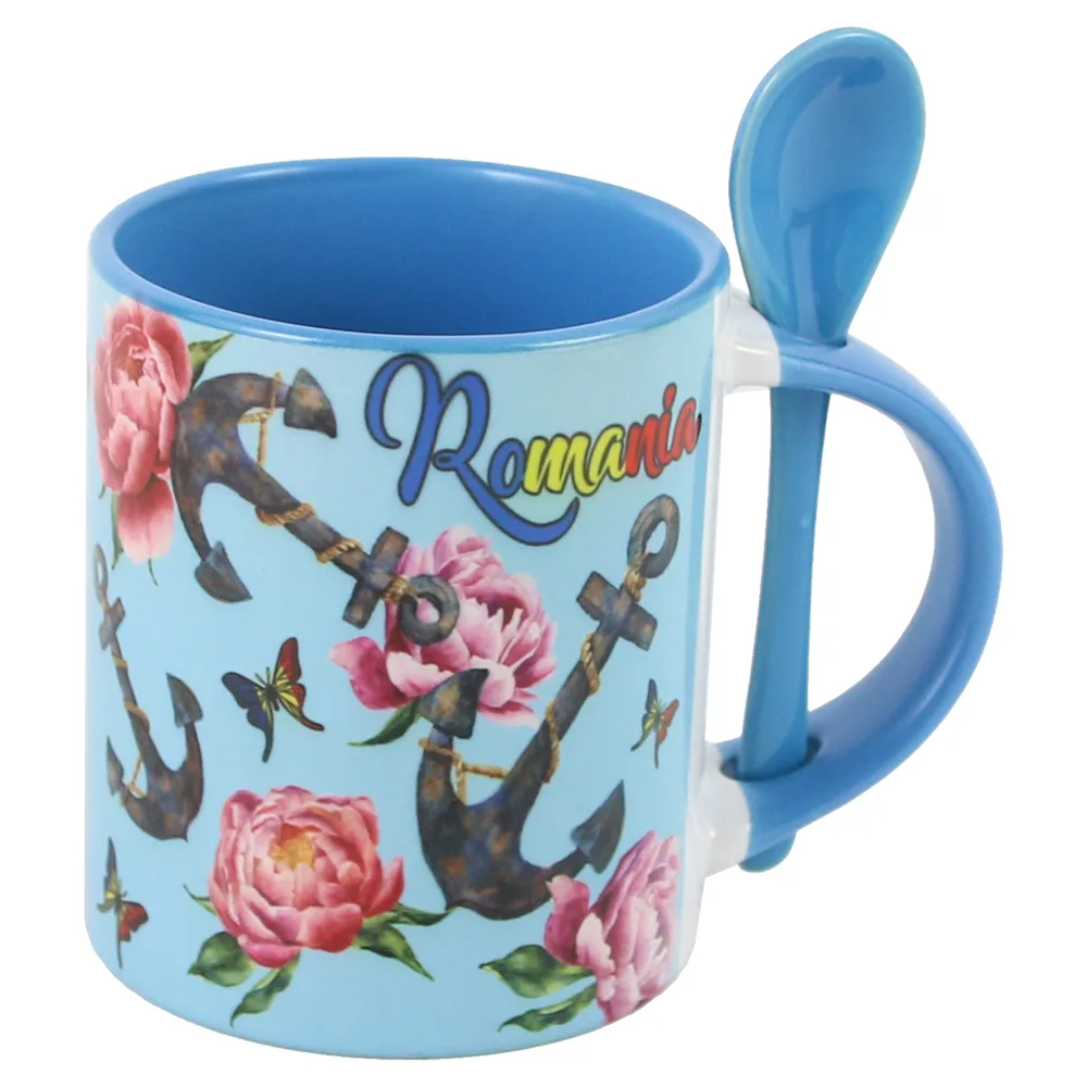 Cana ceramica cu lingurita, 330 ml, "Romania", Ancora, albastru