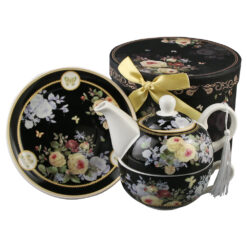 Set ceainic cu ceasca si farfurioara, 350 ml / 310 ml, in cutie decorativa, Flori, negru