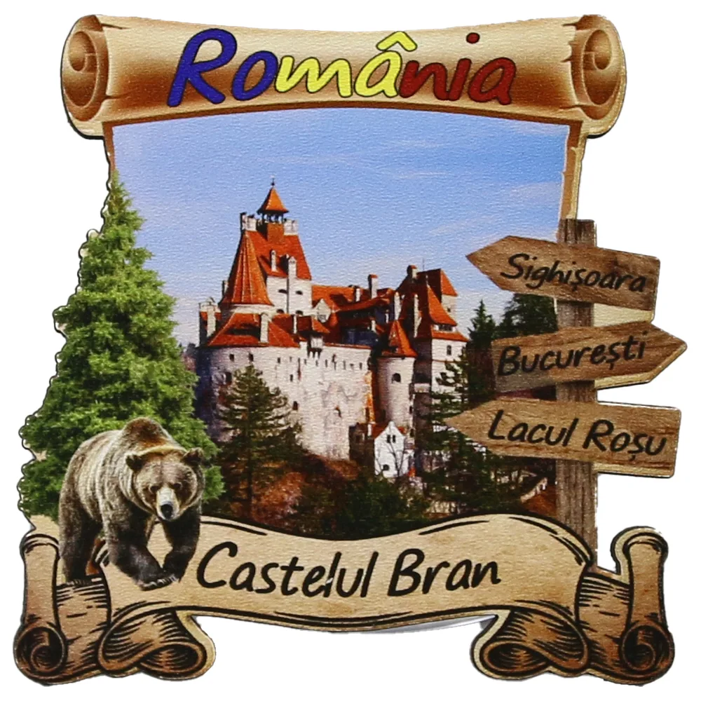 Magnet frigider din lemn "Castelul Bran" 8x8 CM, Romania, urs