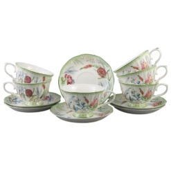 Set 6 cesti din ceramica cu farfurii, 150 ml, Flori de camp, in cutie cadou