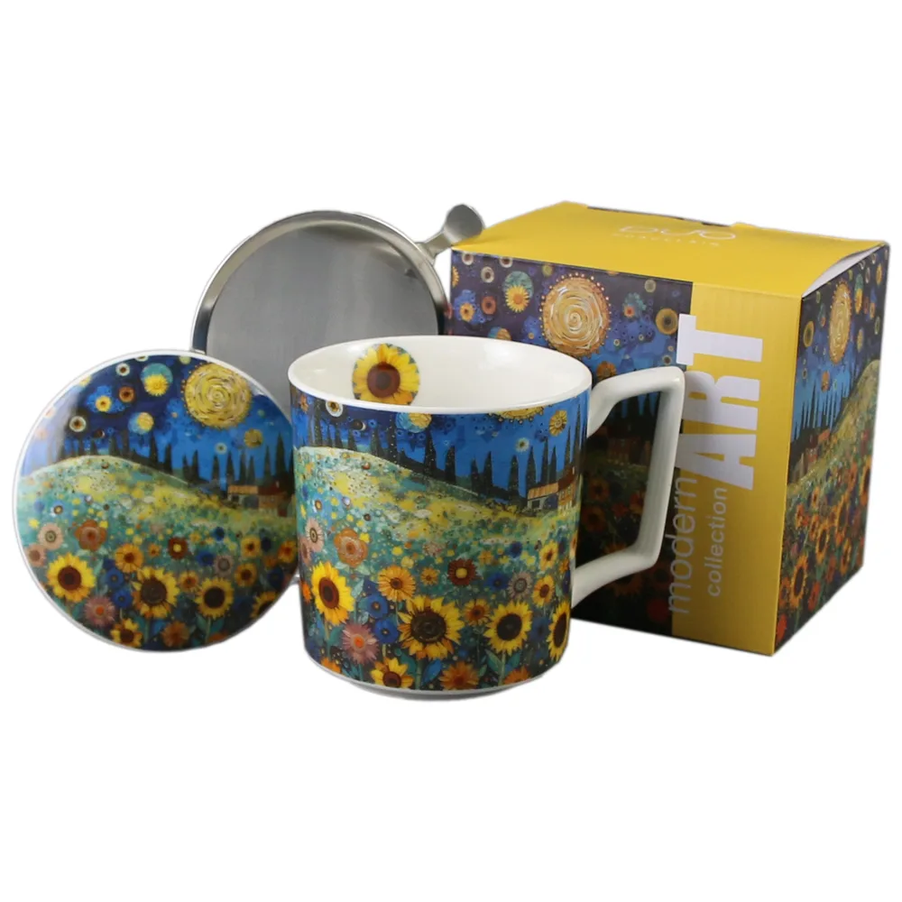 Cana portelan cu infuzor metalic si capac 450 ml, "Sunflower Field", Modern Art