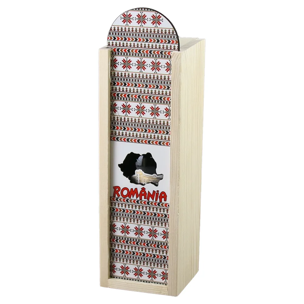 Cutie din lemn "Romania" cu sticla de vin 187 ml, Harta, motive traditionale