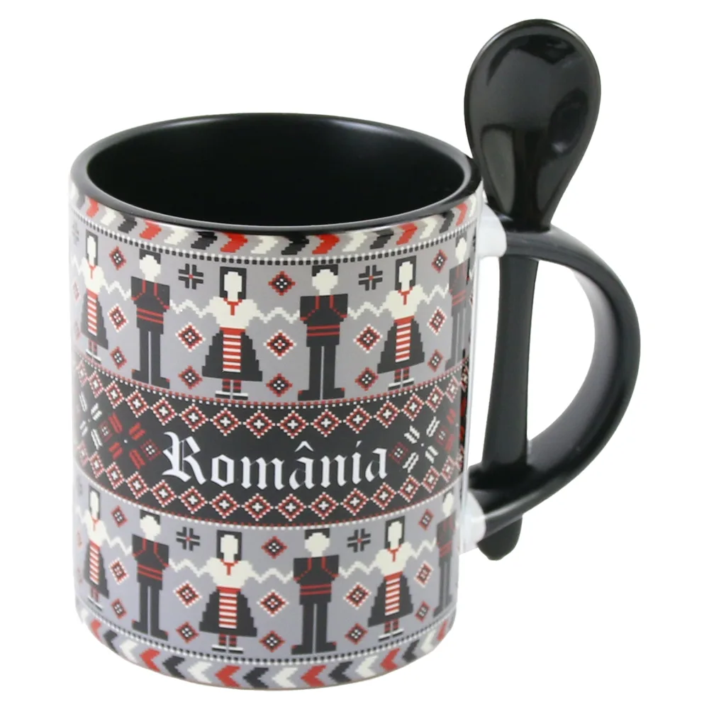 Cana ceramica cu lingurita, "Romania", 330 ml, dansatori, negru