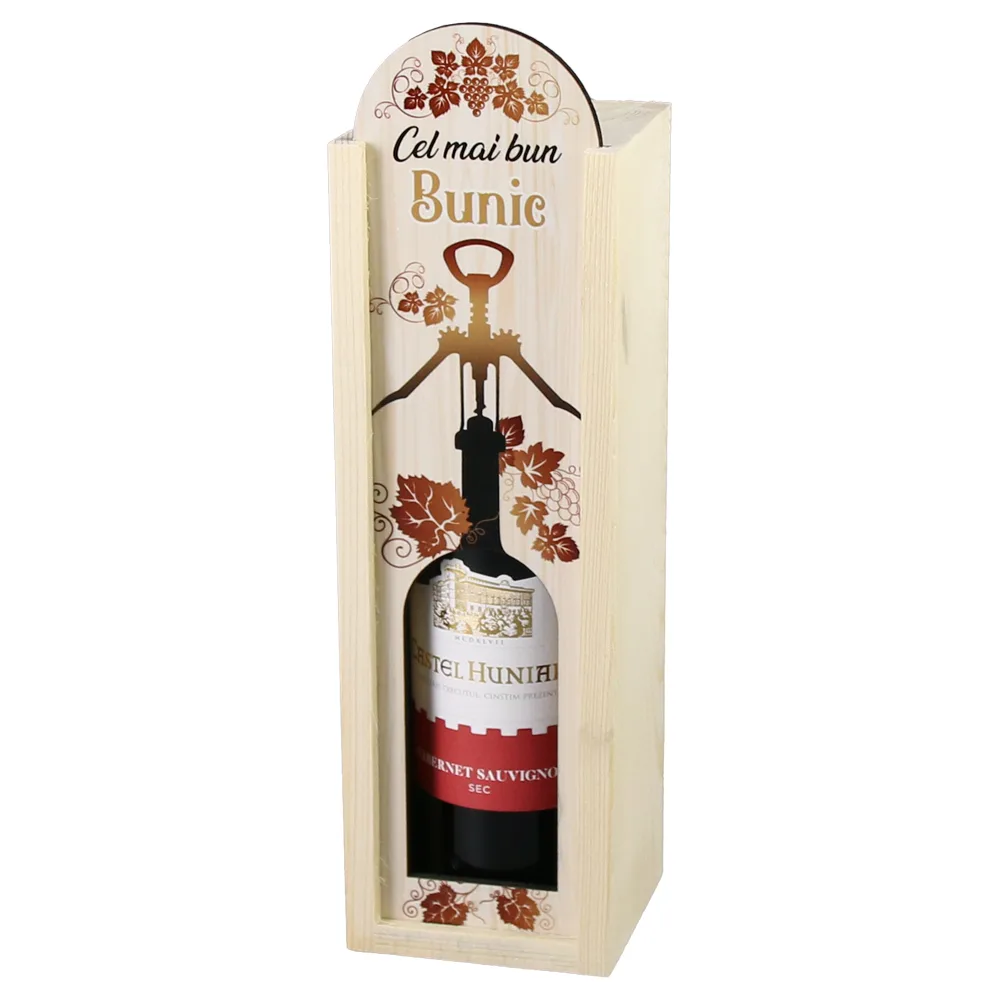 Cutie din lemn cu sticla de vin 187 ml "Cel mai bun Bunic" 7 x 24 cm