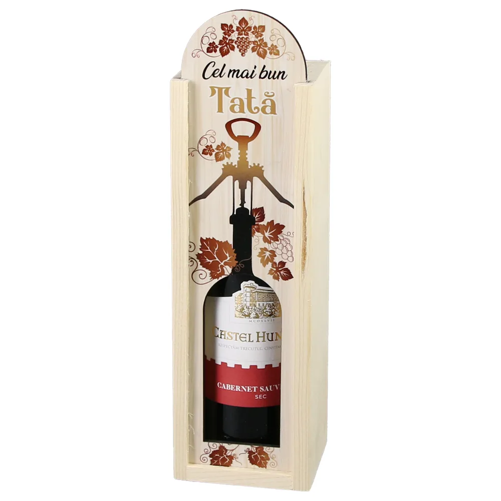 Cutie din lemn cu sticla de vin 187 ml "Cel mai bun Tata" 7 x 24 cm