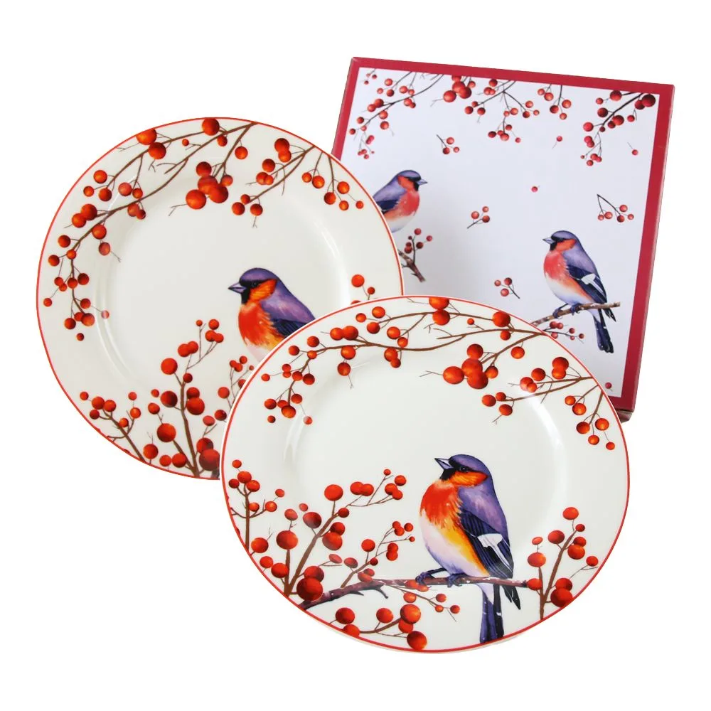 Set 2 farfurii din portelan 19 cm, Christmas Birds, in cutie decorativa, Pasari de Craciun
