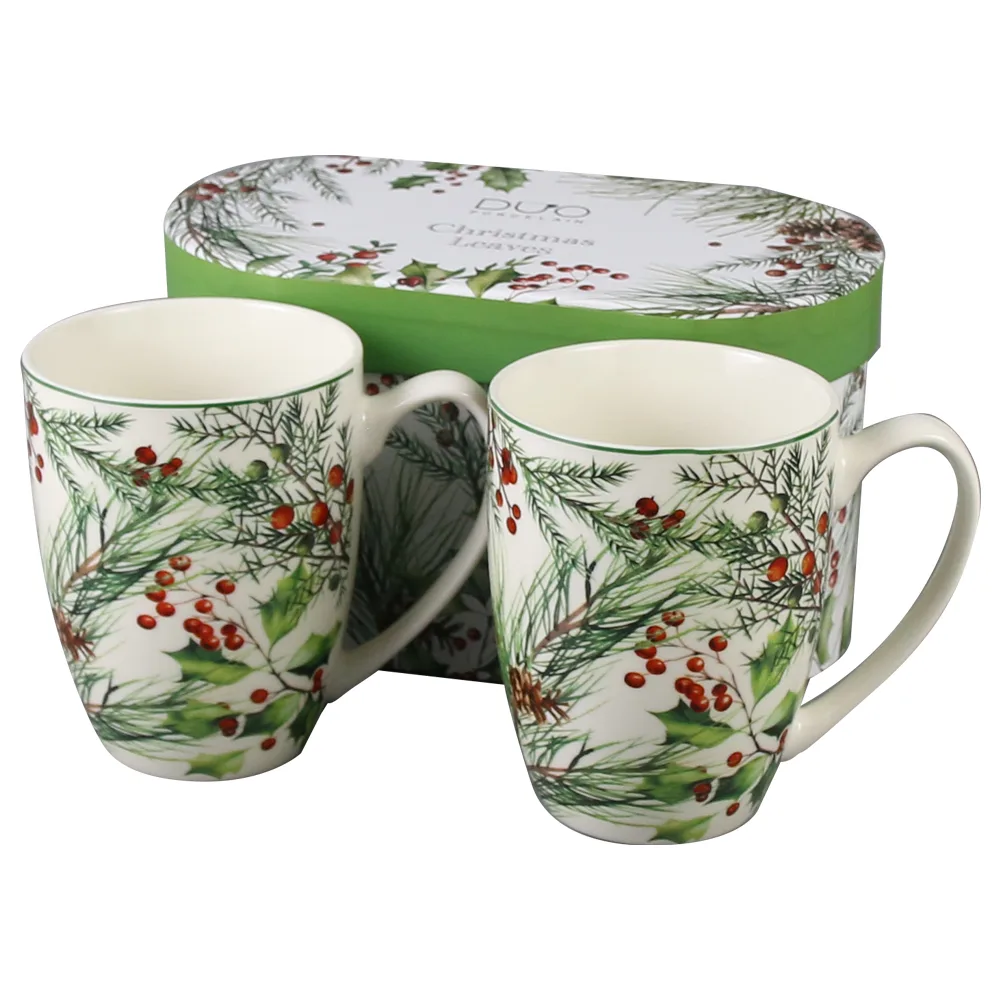 Set 2 cani din portelan, Christmas Leaves, 360 ml, in cutie decorativa, Frunze de Craciun
