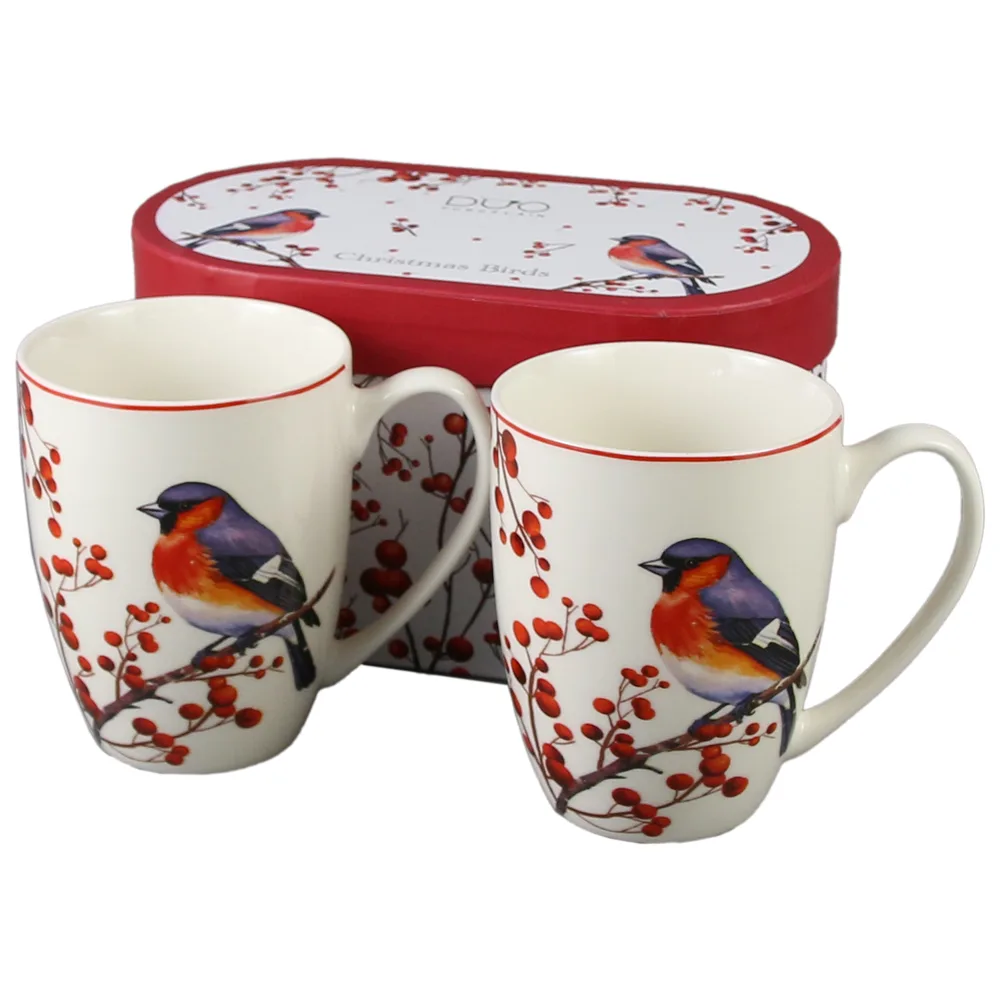 Set 2 cani din portelan, Christmas Birds, 360 ml, in cutie decorativa, Pasari de Craciun