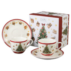 Set 2 cesti espresso cu farfurii, din portelan, Christmas Tree, 90 ml, in cutie decorativa, Brad de Craciun