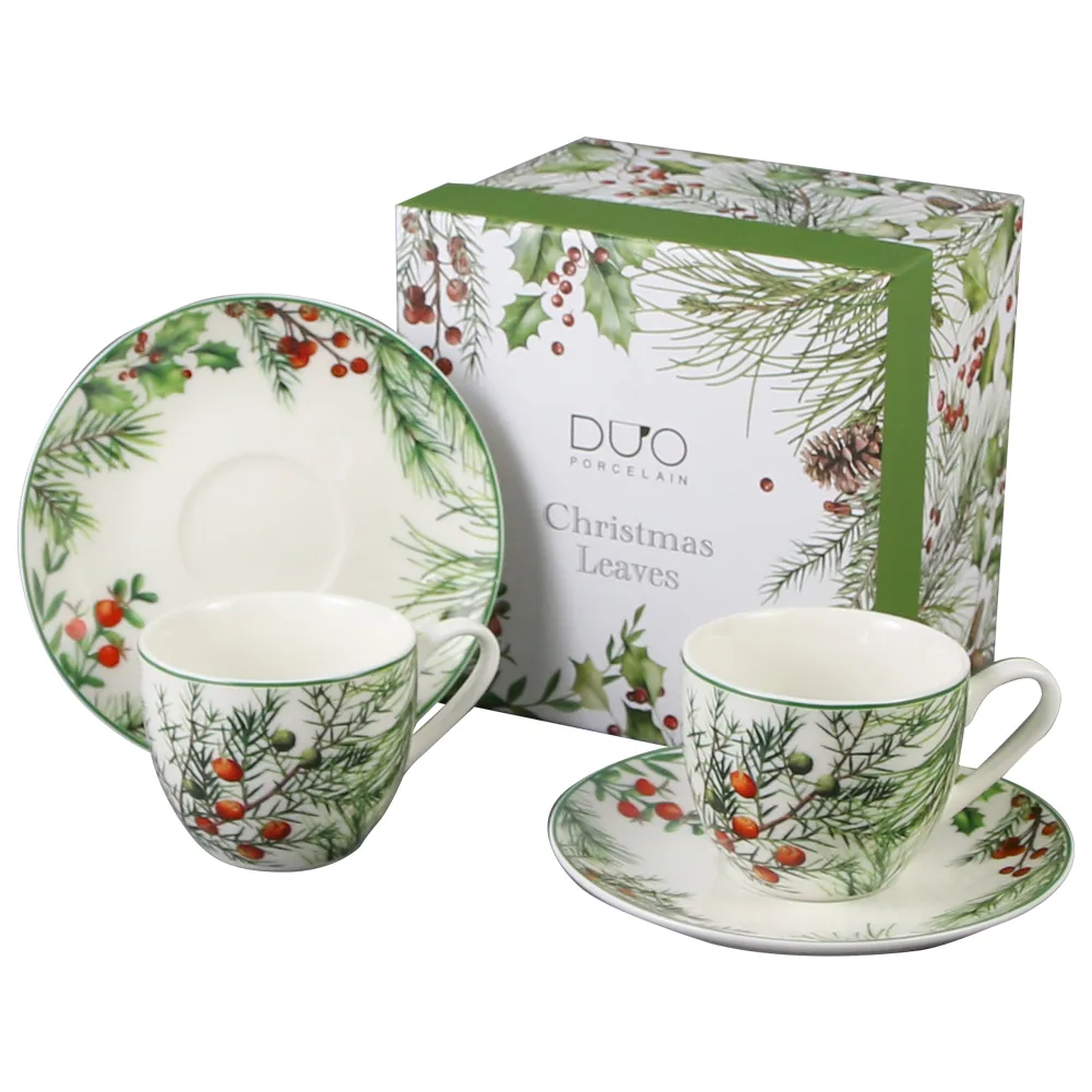Set 2 cesti espresso cu farfurii, din portelan, Christmas Leaves, 90 ml, in cutie decorativa, Frunze de Craciun