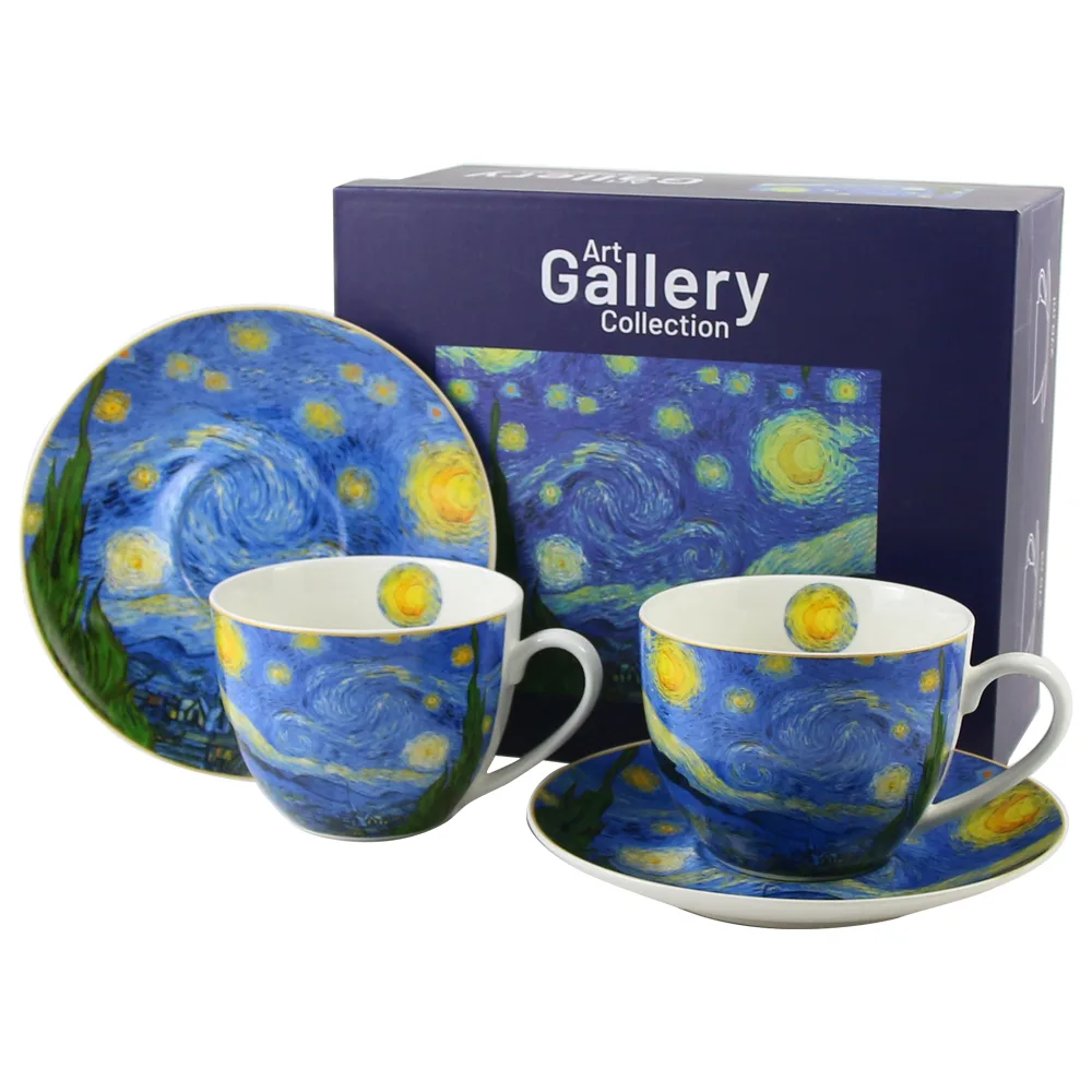 Set 2 cesti cu farfurii din portelan 270 ml "Starry Night" de V. van Gogh, in cutie decorativa