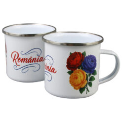 Cana metalica emailata 240 ml, Romania, Bujor tricolor