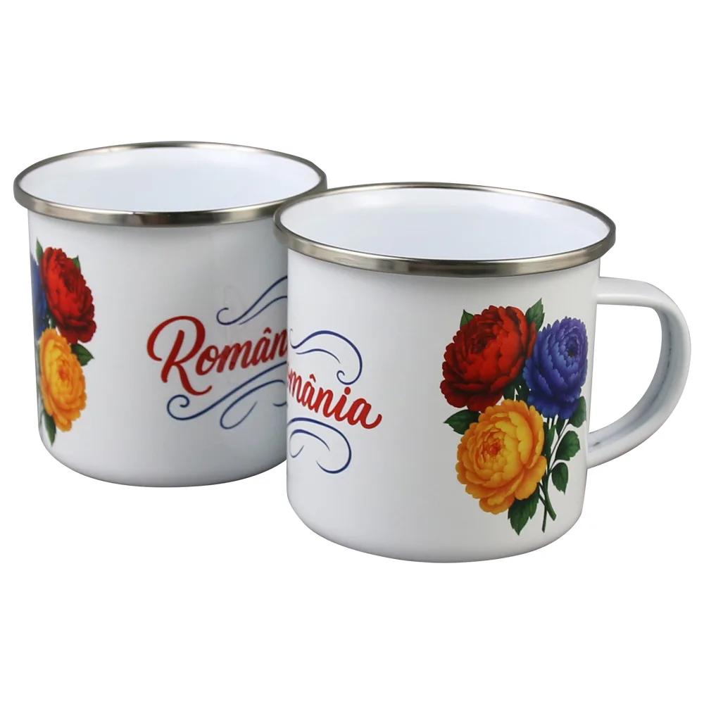 Cana metalica emailata 240 ml, Romania, Bujor tricolor - imagine 2