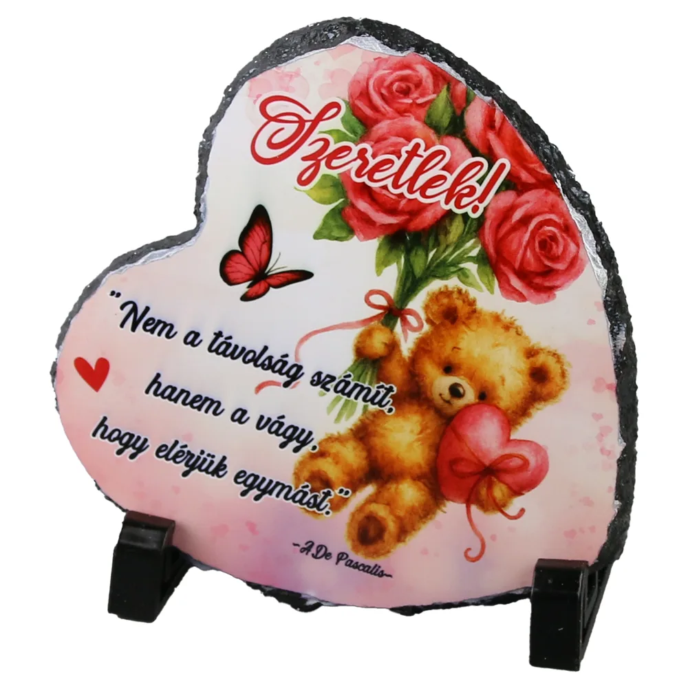 Placa ardezie inima  "Szeretlek! Nem a tavolsag szamit..." 14x14 cm, cu ursulet