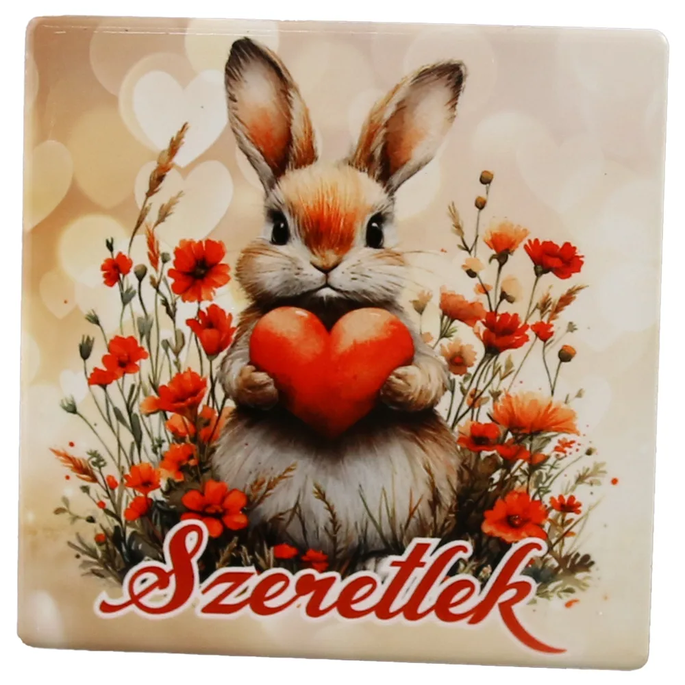 Magnet frigider ceramica "Szeretlek" 7.5x7.5 cm, cu iepuras