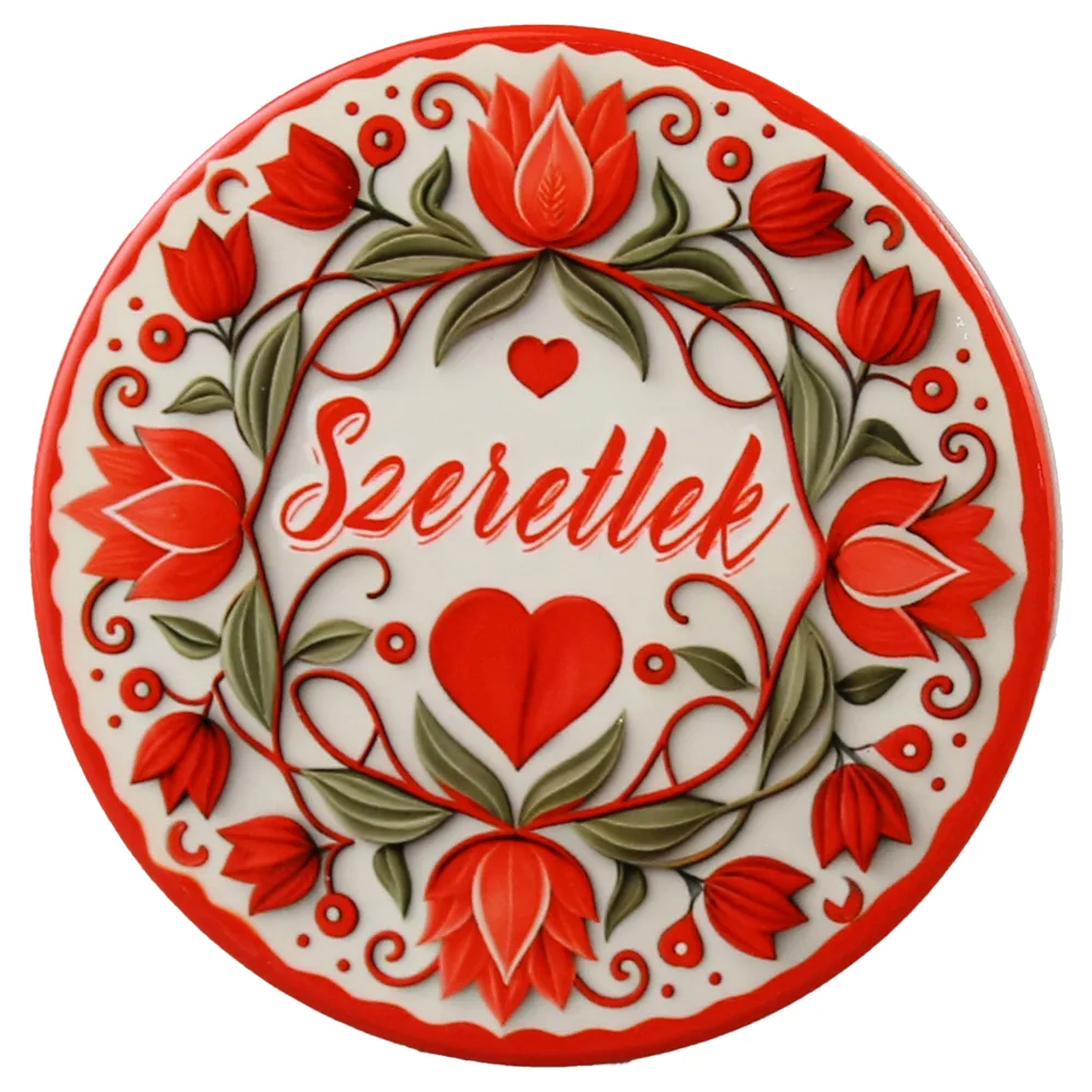 Magnet frigider ceramica "Szeretlek" 8 cm, cu flori