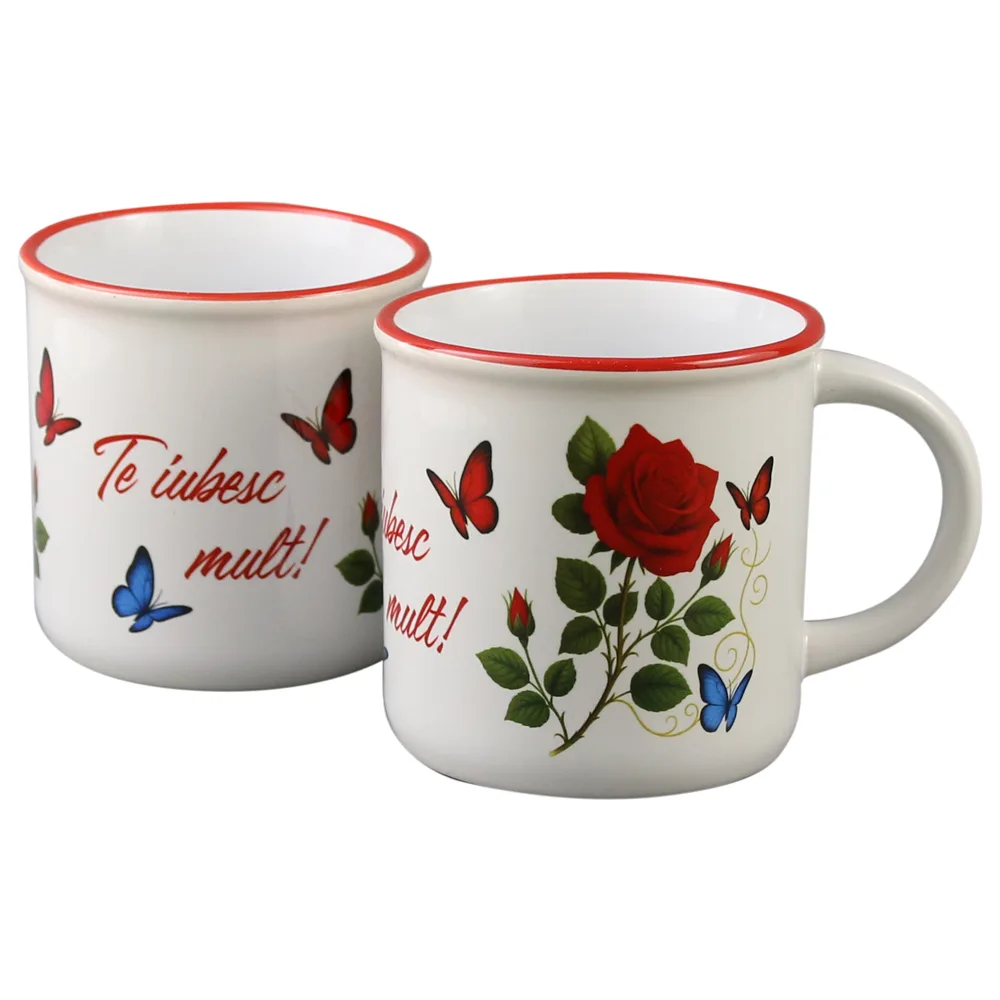 Cana ceramica vintage "Te iubesc mult!", 280 ml, cu trandafir rosu