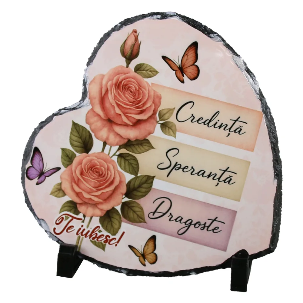 Placa ardezie inima "Credinta, Speranta, Dragoste. Te iubesc!" 20x19 cm, cu fluturasi