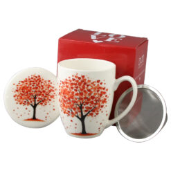 Cana portelan cu infuzor metalic si capac, 360 ml, Copac cu inimioare, cu cutie cadou