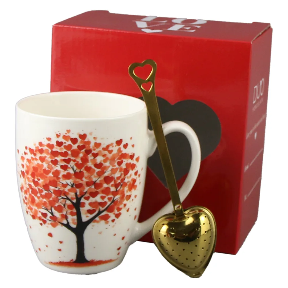 Cana portelan cu infuzor metalic inima, 360 ml, Copac cu inimioare, cu cutie cadou