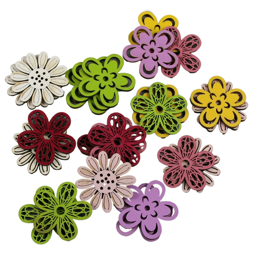 Set 24 decoruri din lemn 3.5 cm, flori variate colorate