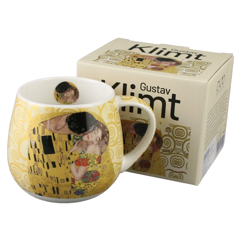 Cana din portelan 430 ml "The Kiss" ecru de Gustav Klimt, in cutie decorativa