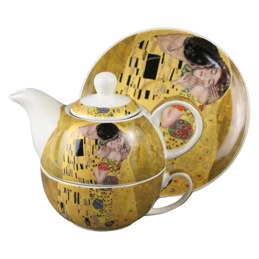 Set ceainic cu ceasca, farfurioara si infuzor metalic 350 ml/300 ml, "The Kiss" de Gustav Klimt, in cutie decorativa, classic
