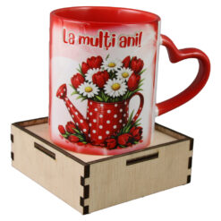 Cana cu suport din lemn, "La multi ani", 330 ml, margarete cu lalele