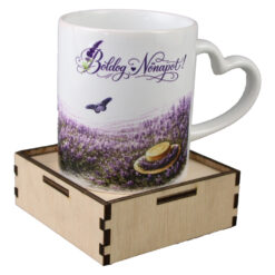 Cana cu suport din lemn, "Boldog Nonapot", 330 ml, lavanda