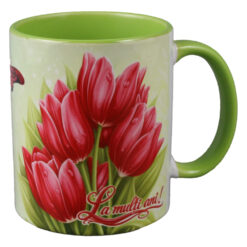 Cana ceramica "La multi ani!", 330 ml, lalele rosii