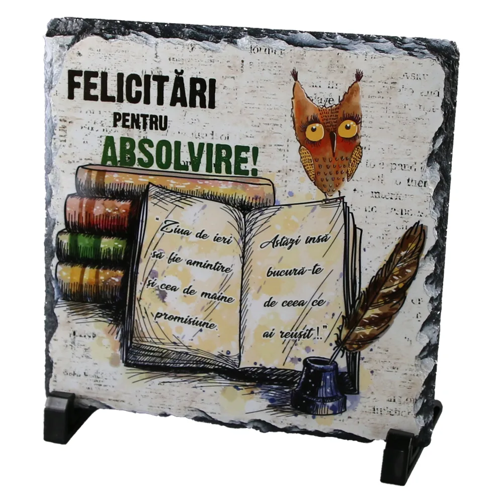 Placa ardezie "Felicitari pentru Absolvire" 19 x 19 cm, Bufnita